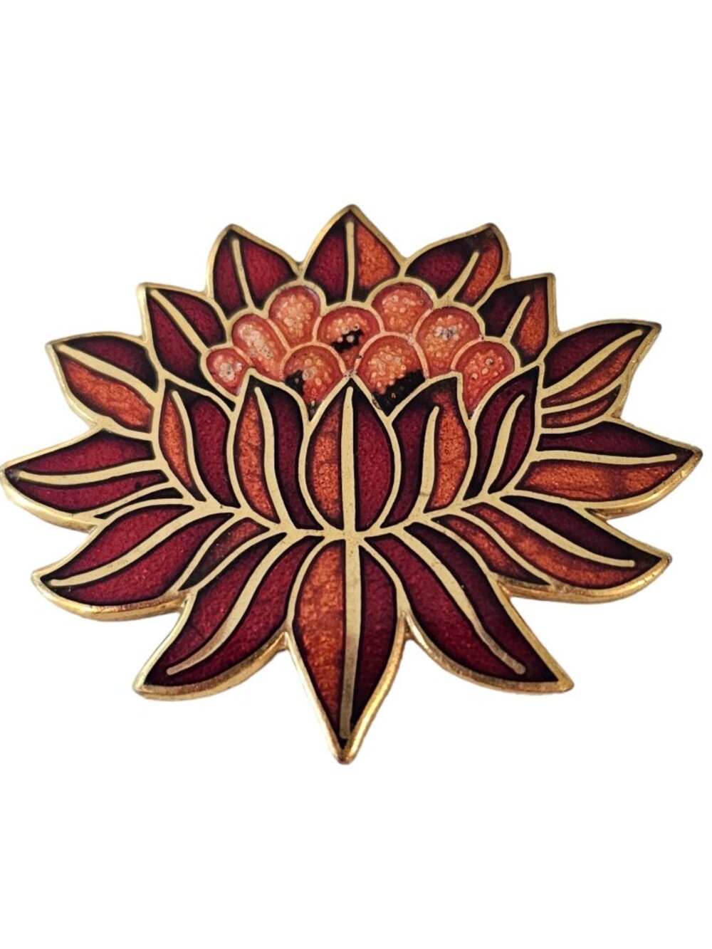 MMA Pink Red Enamel Water Lily Flower Brooch, Signed L123